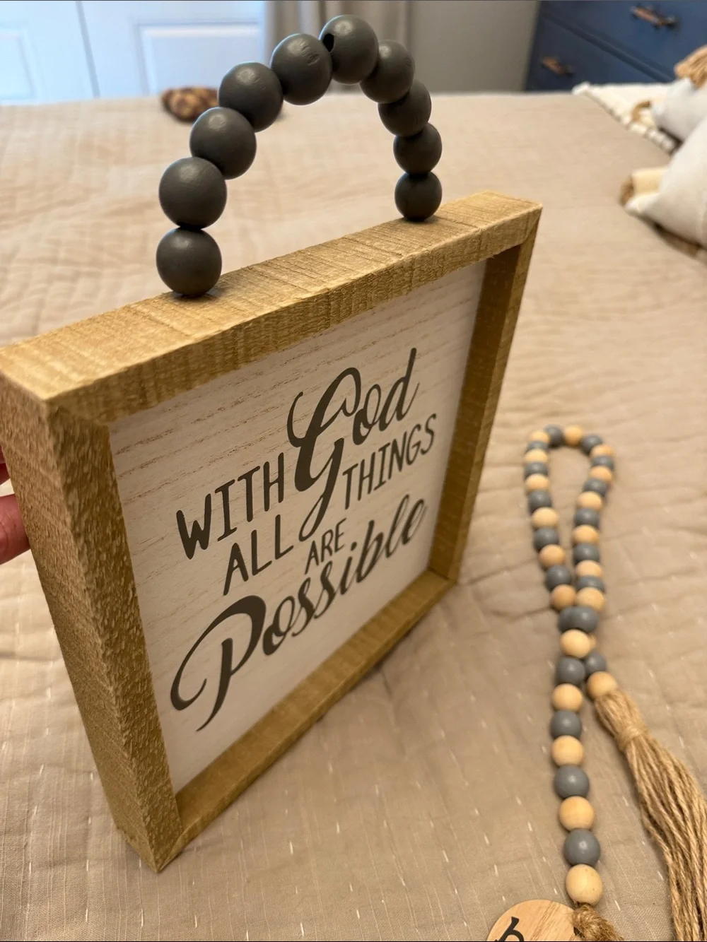 Wood Frame Sign With God All Things Are Possible & decorative beads with tassel